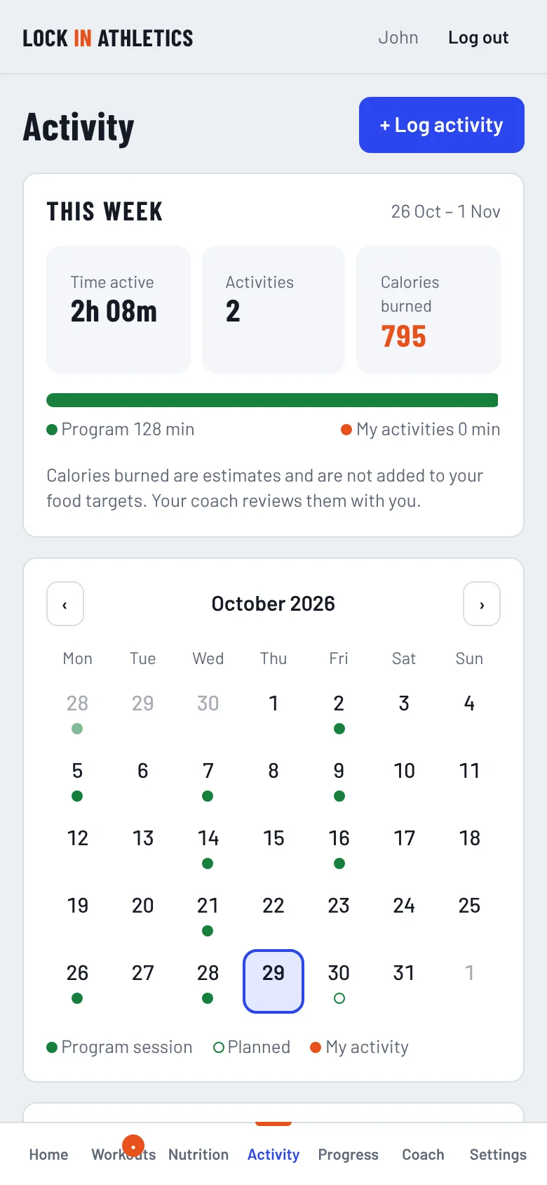 Lock In Athletics app: activity page with weekly time active, calories burned and a calendar