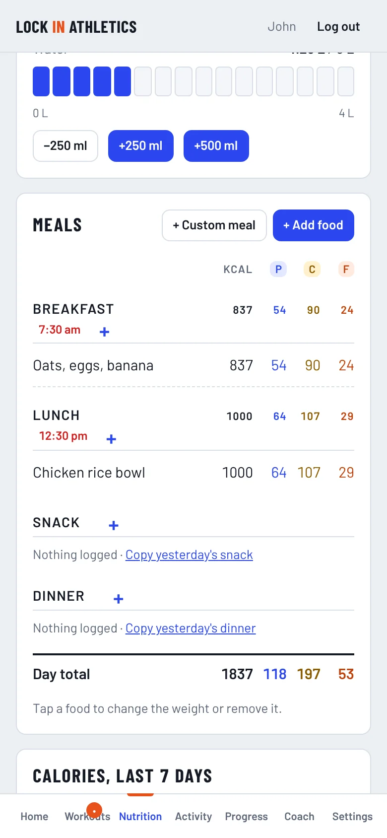 Lock In Athletics app: nutrition page with calories, macros, water and meals