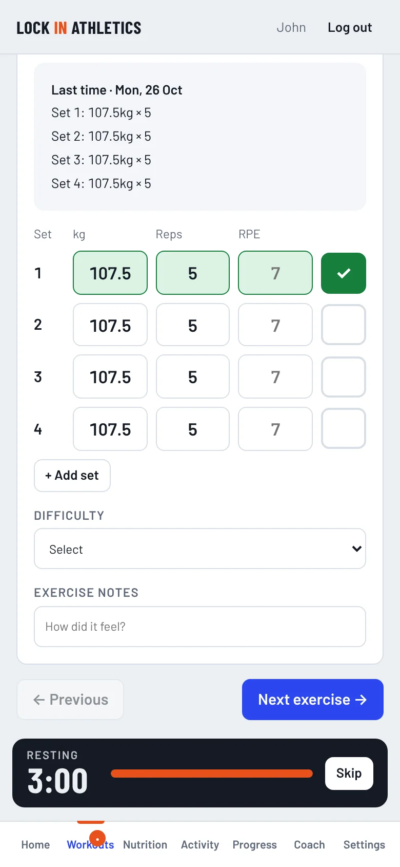 Lock In Athletics app: logging sets in a squat session with the rest timer running